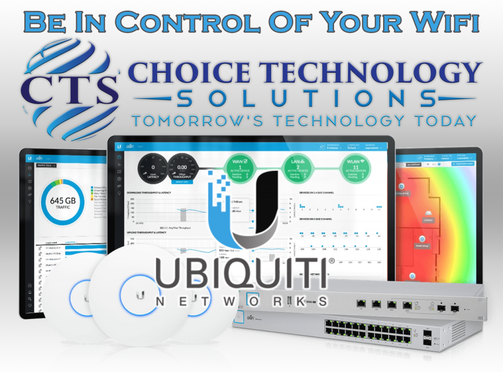 Choice Technology Solutions graphic showing UniFi controller dashboards, a coverage heat map, UniFi access points and a Ubiquiti switch